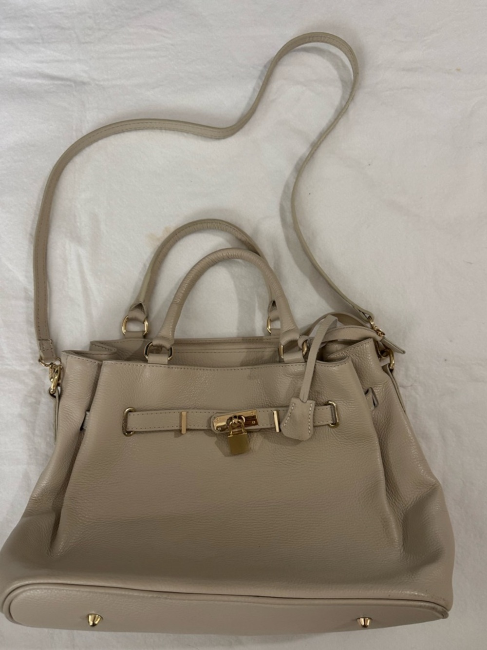 Hermes Birkin Vibes - Beige Italian Leather Satchel Handbag with Gold Hardware